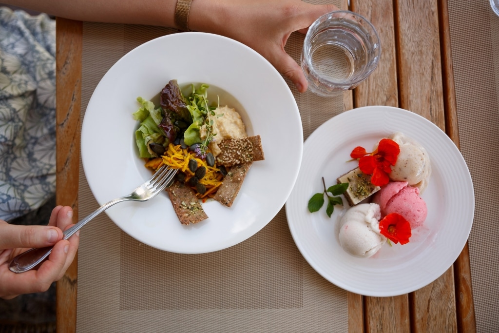 Salat und Eis auf Weitblickterrasse im Biorestaurant Retter
